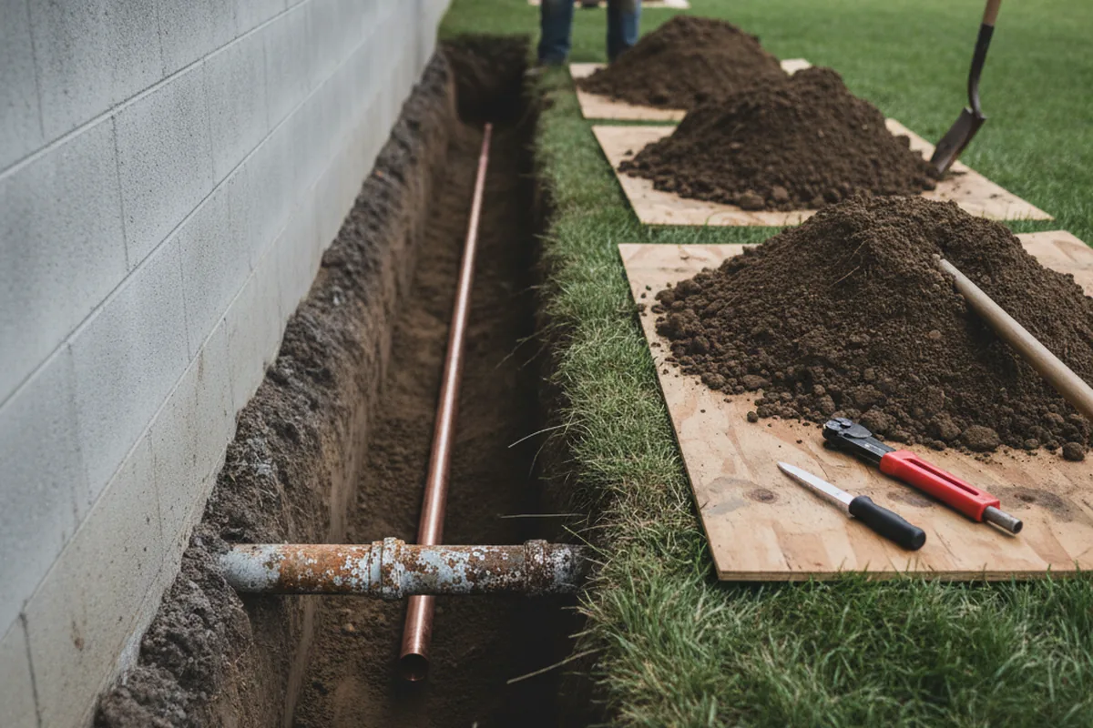 Excavated water line trench during Sewer Line Repair in New Britain